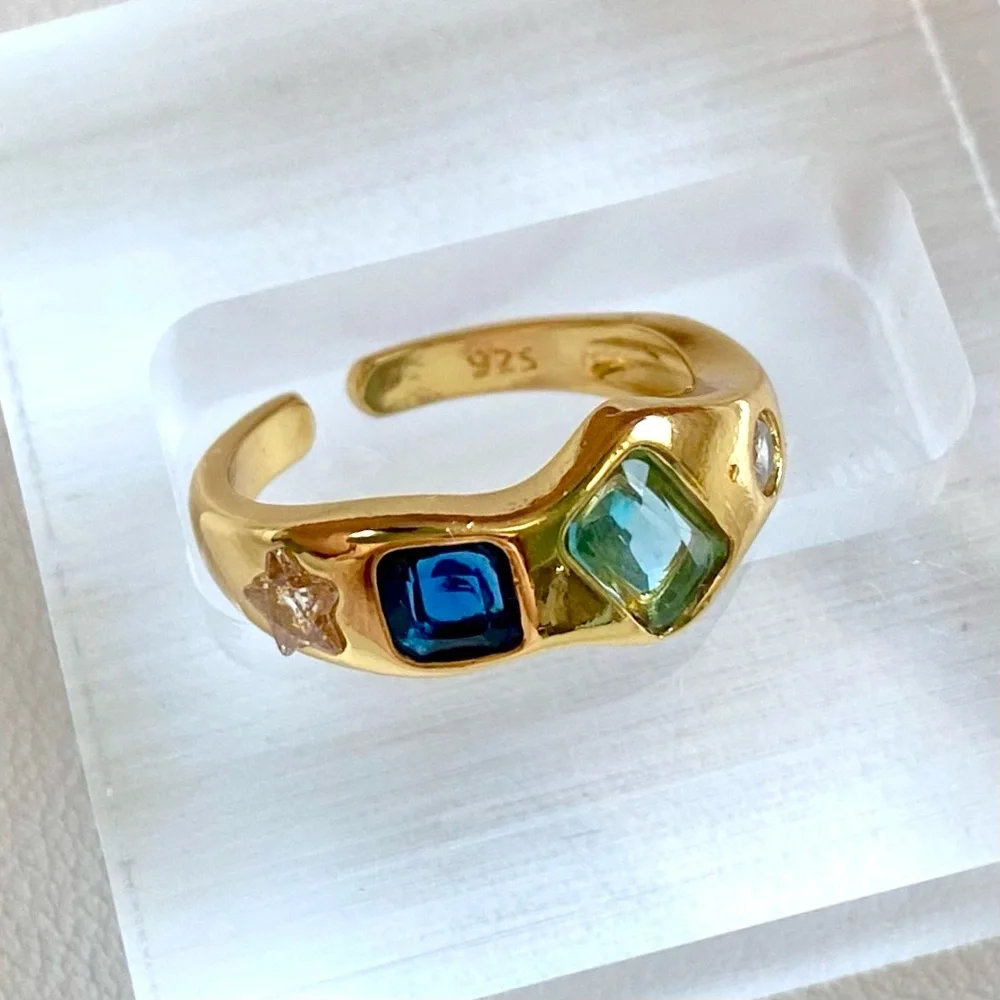 Gold-Plated 925 Sterling Ring with Blue and Green Gemstones